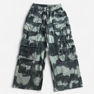 Tie Dye Acid Wash Cargo Pants Green Black Wide Leg Multi Pocket 31x29